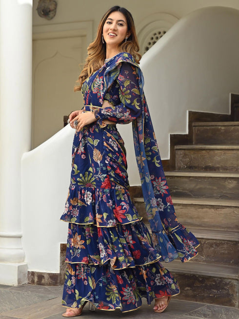 Navy Blue Printed Ruffle saree