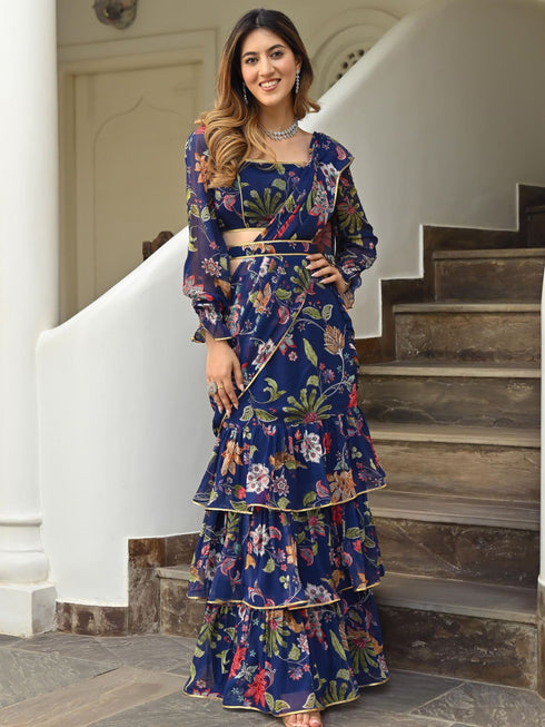 Navy Blue Printed Ruffle saree