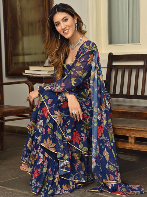 Navy Blue Printed Ruffle saree