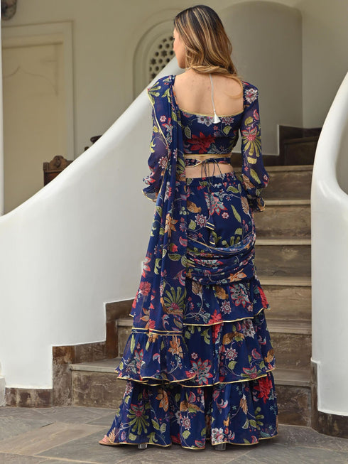 Navy Blue Printed Ruffle saree