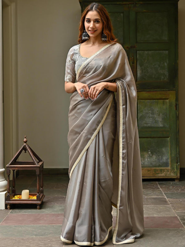 Grey Saree With Kota Doriya Blouse