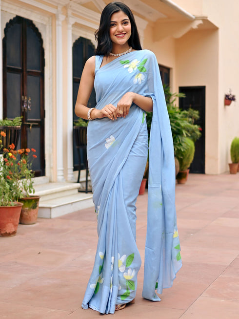 Blue Handbrush Chiffon Saree